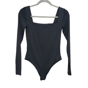 Babaton Square Neck Long Sleeve Bodysuit Black Small Thong Snap Closure
